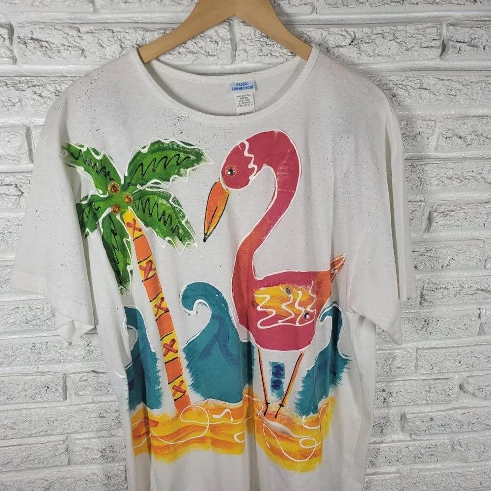 Pacific Connections Womens One Size White Flamingo Rhinestone Swim NOV1E